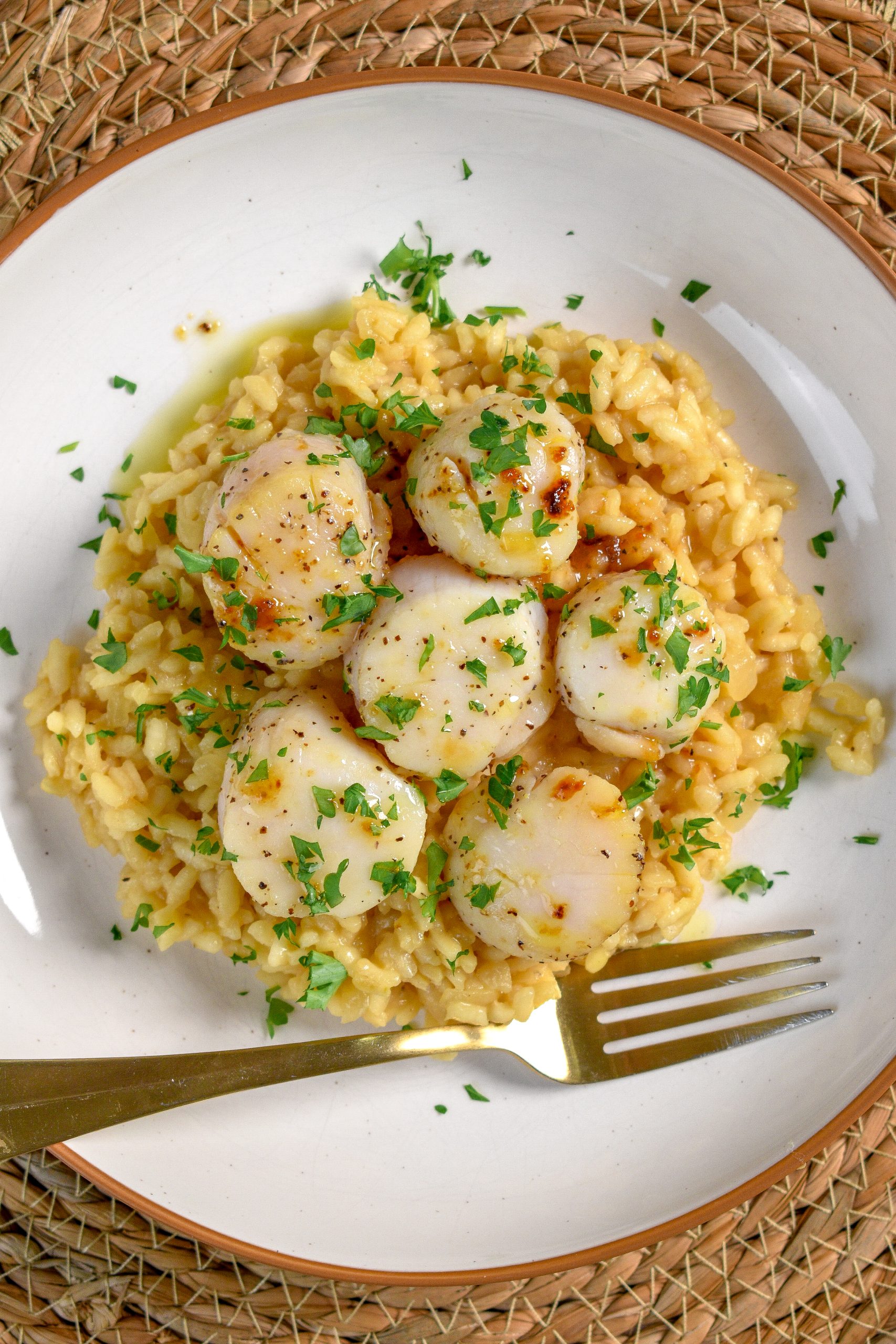 This is an image of seared scallops over lemon parmesan risotto sitting in a white bowl with a fork resting in the bowl.