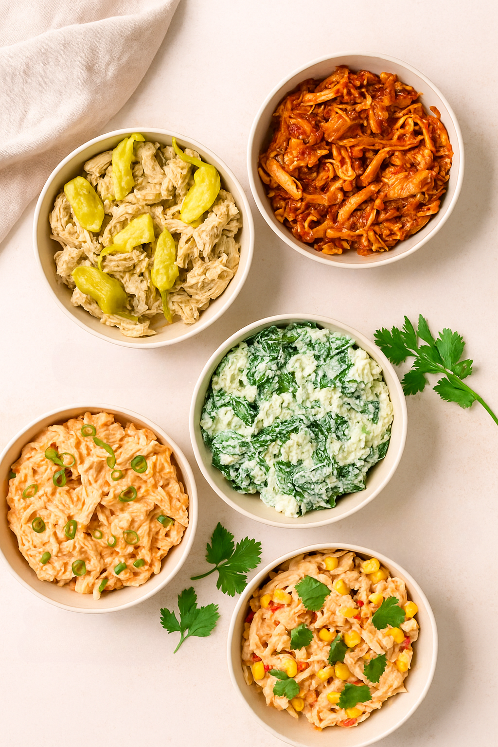 This is an image of 5 chicken salad recipes sitting in bowls with a towel in the top right and cilantro on the table